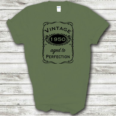 Vintage 1950 Aged To Perfection Funny Birthday Year Whiskey Logo Military Green Cotton T-shirt