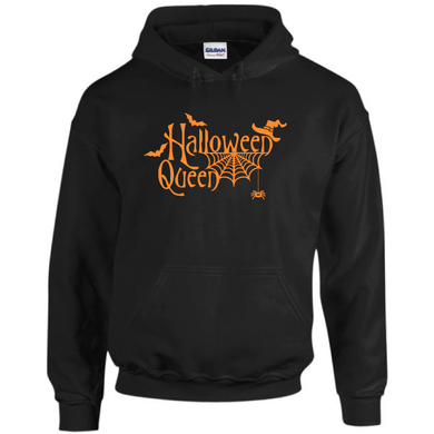 Halloween Queen Spider Web Bats And Witches Hat Scary Writing Costume Drawstring Black  Hoodie Sweatshirt