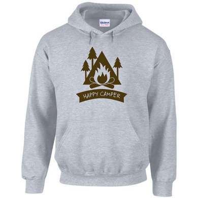 Happy Camper Bon Fire Family Camping Vacation Drawstring Grey Hoodie Sweatshirt