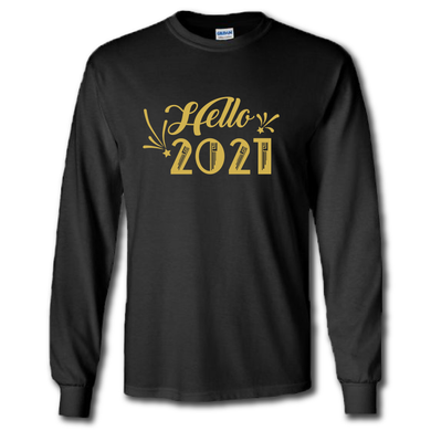 Hello 2021 Happy New Year Black Gold Long Sleeve Cotton Shirt