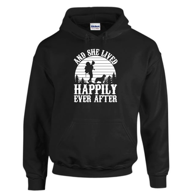 And She Lived Happily Ever After Sunset Hiking Outdoor Drawstring Hoodie Black Sweatshirt