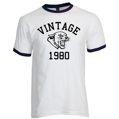 Vintage 1980 Cougars Cougar Head Jersey Style Short Sleeve Ringer White and navy Cotton T-Shirt