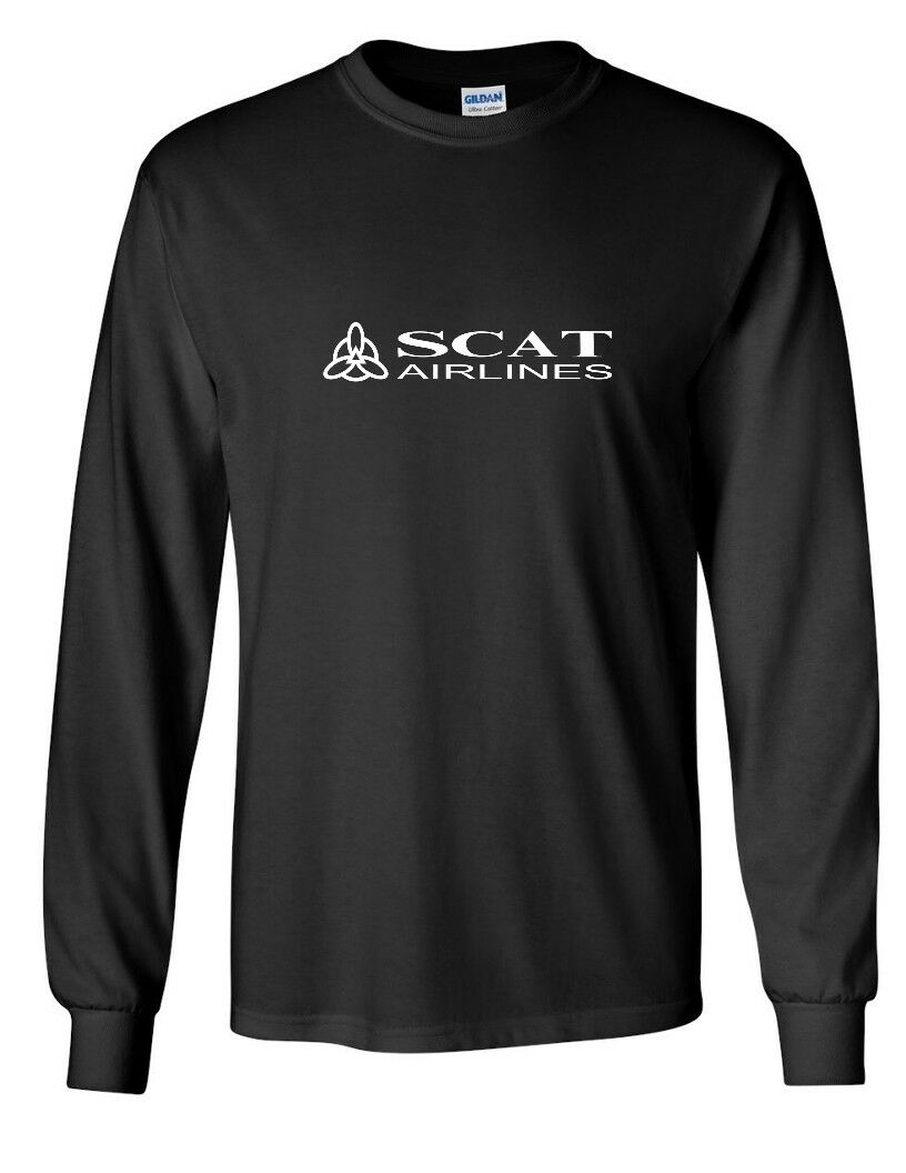 Scat Airlines White Logo Kazakhstan Aviation Black Cotton Long Sleeve T-Shirt