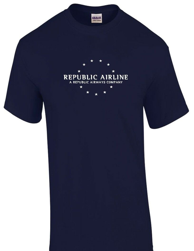 Republic Airline White Logo US Aviation Travel Cotton Navy Blue T-Shirt