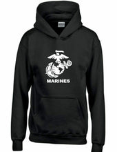 Load image into Gallery viewer, USMC White Eagle Anchor Globe Marines US Military Logo Black Hooded Sweatshirt
