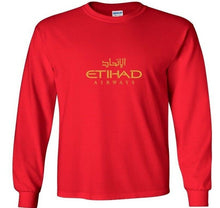 Load image into Gallery viewer, Etihad Airways Gold Logo United Arab Emirates Airline Red Long Sleeve T-shirt
