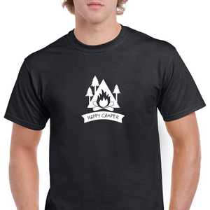 Happy Camper Camp Fire Camping Vacation RV Black White Cotton T-Shirt S-5XL