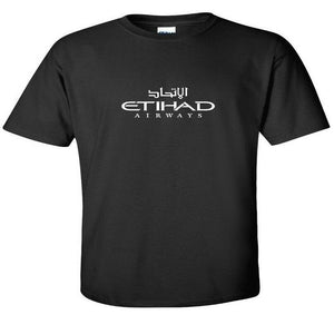 Etihad Airways White Logo United Arab Emirates Airline Black Cotton T-shirt