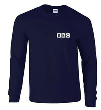 Load image into Gallery viewer, BBC White Logo BRITISH FUNNY Shirt RETRO NEWS Navy Blue Long Sleeve T-shirt
