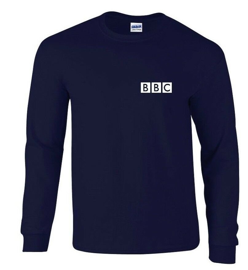 BBC White Logo BRITISH FUNNY Shirt RETRO NEWS Navy Blue Long Sleeve T-shirt