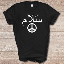 Load image into Gallery viewer, Salaam T-shirt Peace Sign Islam Islamic Arabic Anti-War Salam Muslim Tee Shirt
