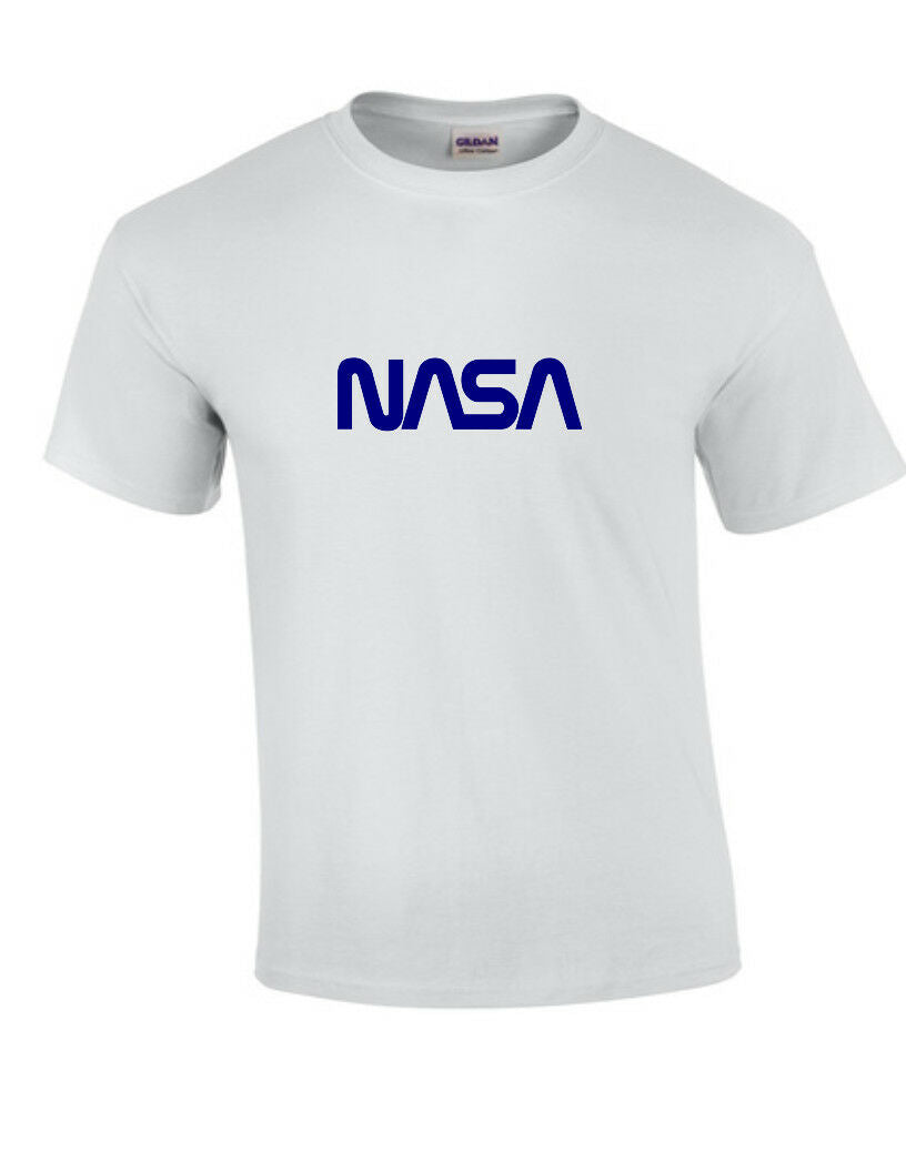 NASA Vintage Space Agency White T-Shirt Navy Blue Logo Science Tee Shirt S-5XL