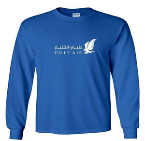 Gulf Air White Logo Bahrain Airline Royal Blue Long Sleeve Cotton T-shirt