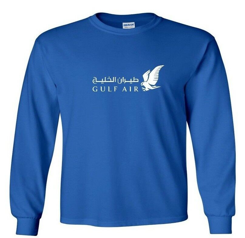 Gulf Air White Logo Bahrain Airline Royal Blue Long Sleeve Cotton T-shirt