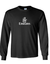 Load image into Gallery viewer, Emirates White Vintage Logo Shirt Emirati Airline Black Long Sleeve T-Shirt
