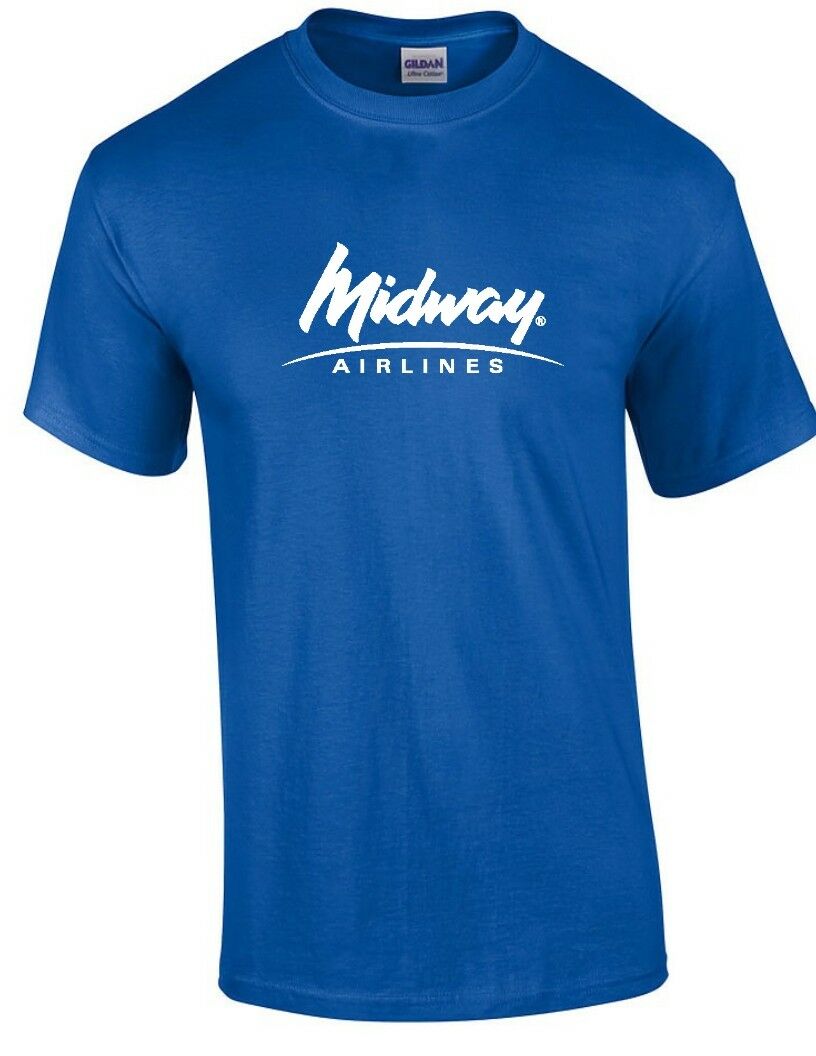 Midway Airlines White Logo US Aviation Airline Royal Blue Cotton T-Shirt