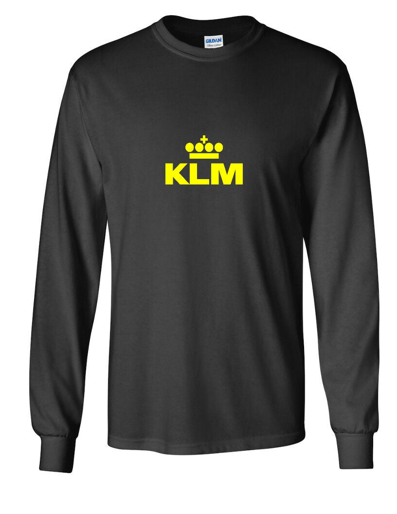 KLM Yellow Retro Logo Shirt Dutch Royal Airline Rare Black Long Sleeve T-shirt