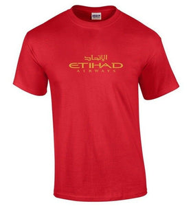 Etihad Airways Gold Logo United Arab Emirates Airline Red Cotton T-shirt