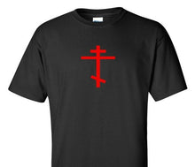 Load image into Gallery viewer, Red Russian Eastern Orthodox Cross T-Shirt Shirt Christian Jesus Black Shirt
