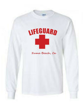 Load image into Gallery viewer, LIFEGUARD Zuma Beach California So Cal Surfer Sea Red WHITE LONG SLEEVE T-SHIRT
