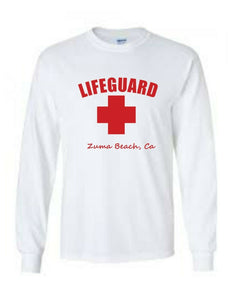 LIFEGUARD Zuma Beach California So Cal Surfer Sea Red WHITE LONG SLEEVE T-SHIRT