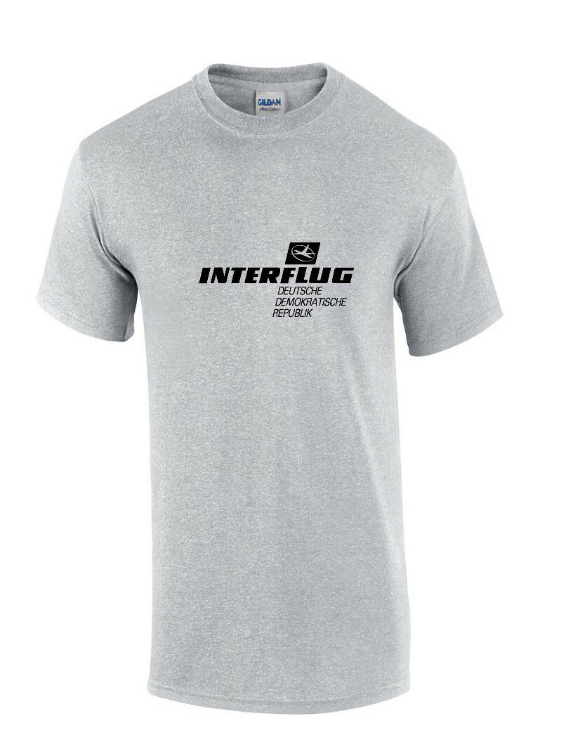 Interflug White Vintage Logo German Airline Sport Gray Cotton T-Shirt