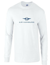 Load image into Gallery viewer, Air Hamburg Retro Blue Logo German Airline White Long Sleeve Cotton T-shirt
