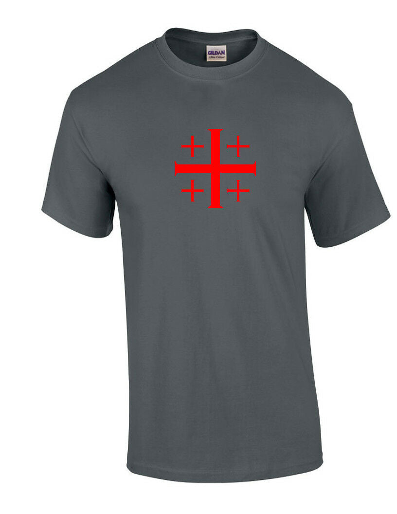 Red Jerusalem Cross T-Shirt Christian Knights Templar Charcoal Gray Tee Shirt