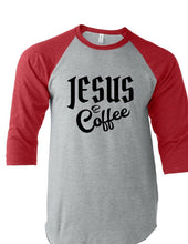 Load image into Gallery viewer, Jesus and Coffee 3/4 Sleeve Raglan Cute Religious Caffeine God Lover Gift Tee
