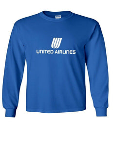 United Airlines White Logo T-shirt  Aviation Geek Royal Blue Long Sleeve Shirt