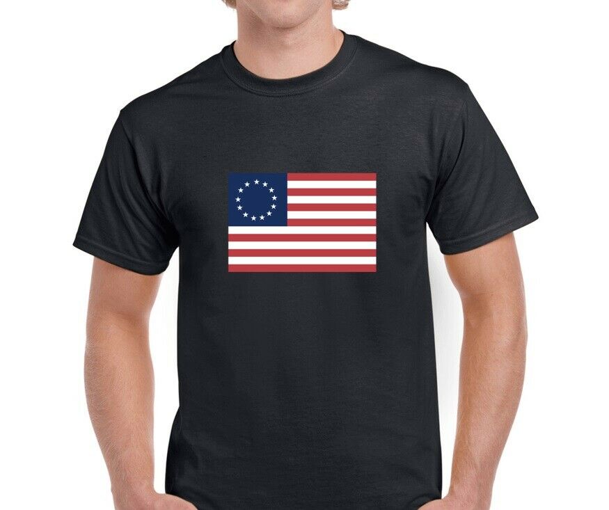 Betsy Ross Historic Colonial Flag 13 Star American USA Black Cotton T-shirt