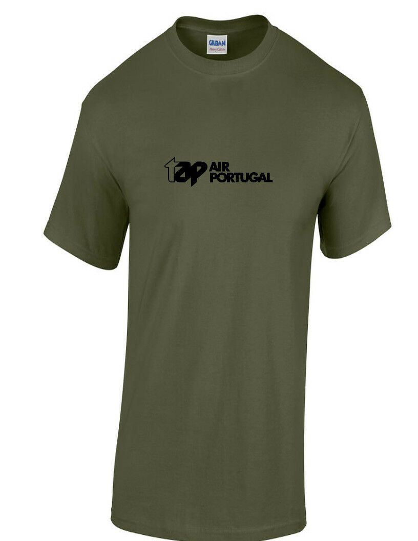 TAP Air Portugal Vintage Black Logo Portuguese Airline Army Green Cotton T-Shirt