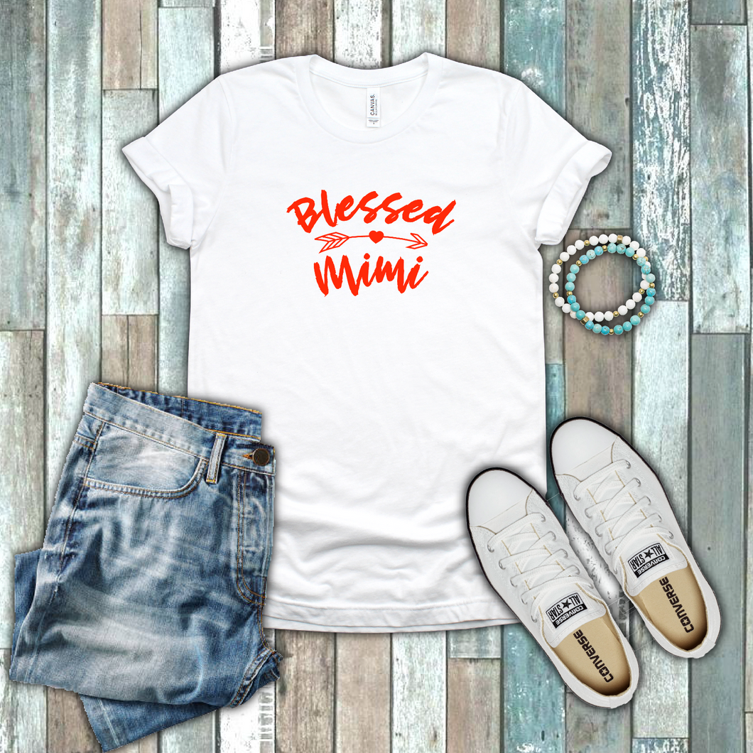 Blessed Mimi Grandma Love Family Gift Red White Cotton T-shirt