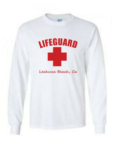 LIFEGUARD Lechuza Beach California Los Angeles LA Red WHITE LONG SLEEVE T-SHIRT