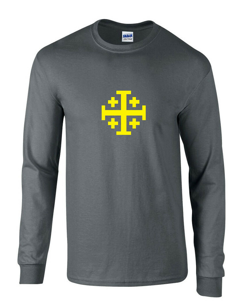 Yellow Jerusalem Cross T-Shirt Christian Knights Charcoal Gray Long Sleeve Shirt