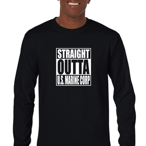 Straight Outta US Marine Corps Patriotic Black Mens Cotton Long Sleeve T-shirt