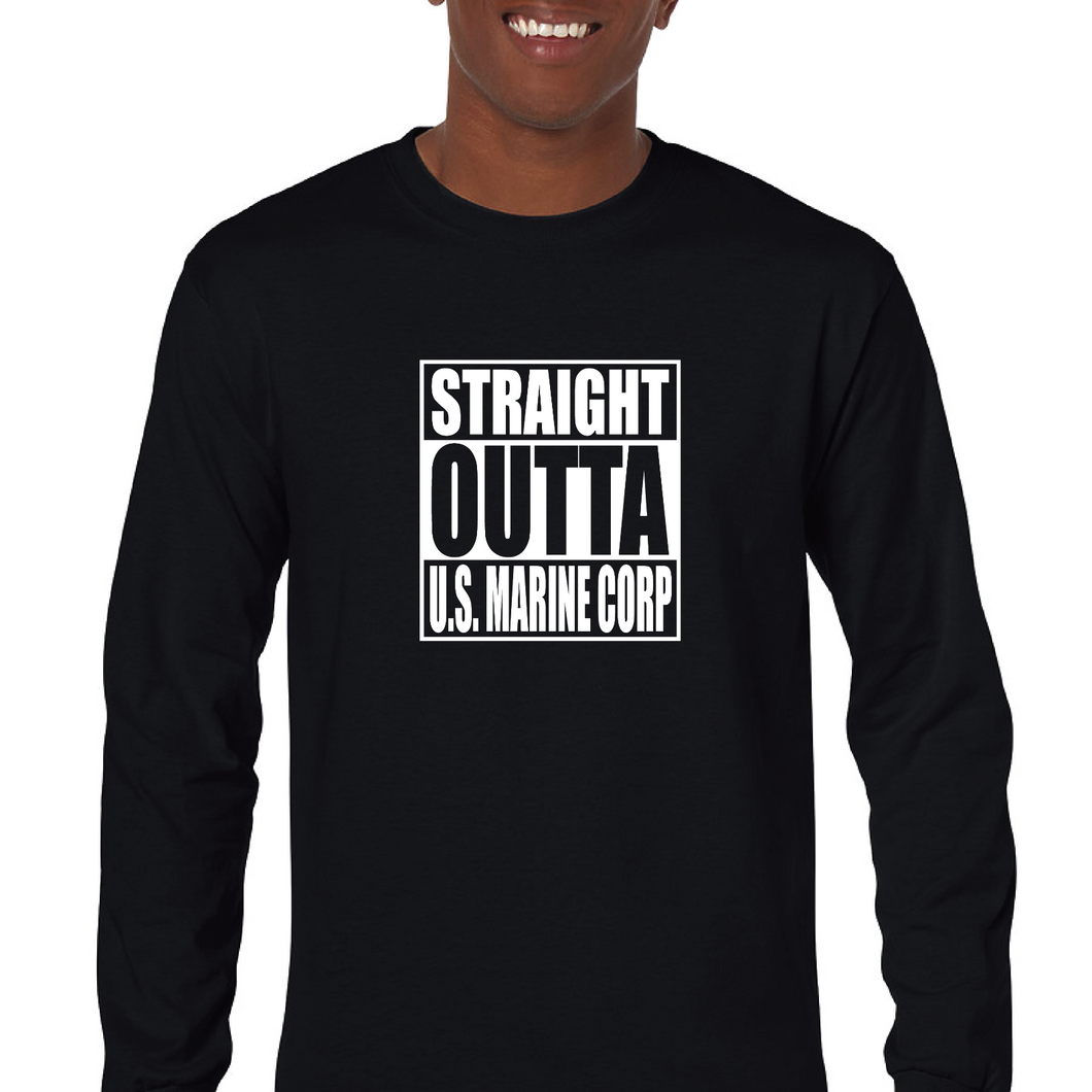 Straight Outta US Marine Corps Patriotic Black Mens Cotton Long Sleeve T-shirt