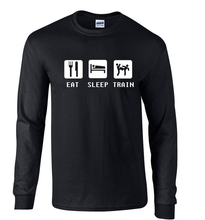 Load image into Gallery viewer, Eat Sleep Train Martial Arts MMA Muay Thai Black White Long Sleeve T-shirt
