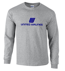 United Airlines Blue Logo T-shirt  Aviation Geek Sport Gray Long Sleeve Shirt