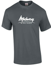 Load image into Gallery viewer, Midway Airlines White Logo US Aviation Airline Charcoal Gray Cotton T-Shirt
