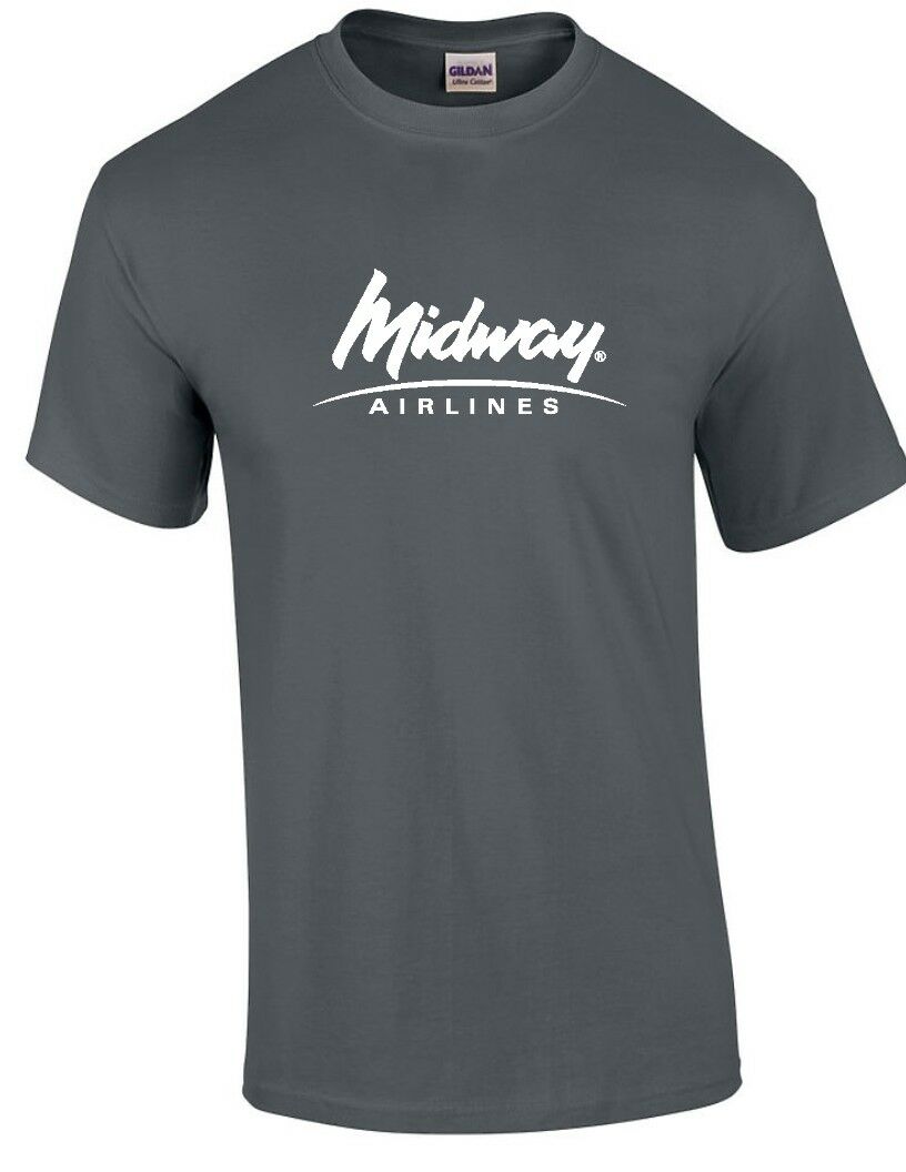 Midway Airlines White Logo US Aviation Airline Charcoal Gray Cotton T-Shirt