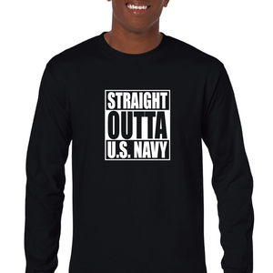 Straight Outta US Navy Patriotic Black Mens Cotton Long Sleeve T-shirt