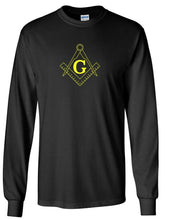 Load image into Gallery viewer, Yellow Free Mason Symbol Square Masonic Illuminate Black Long Sleeve T-shirt
