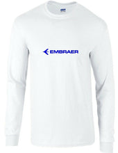 Load image into Gallery viewer, Embraer Blue Logo Brazilian Aerospace Conglomerate White Long Sleeve T-shirt
