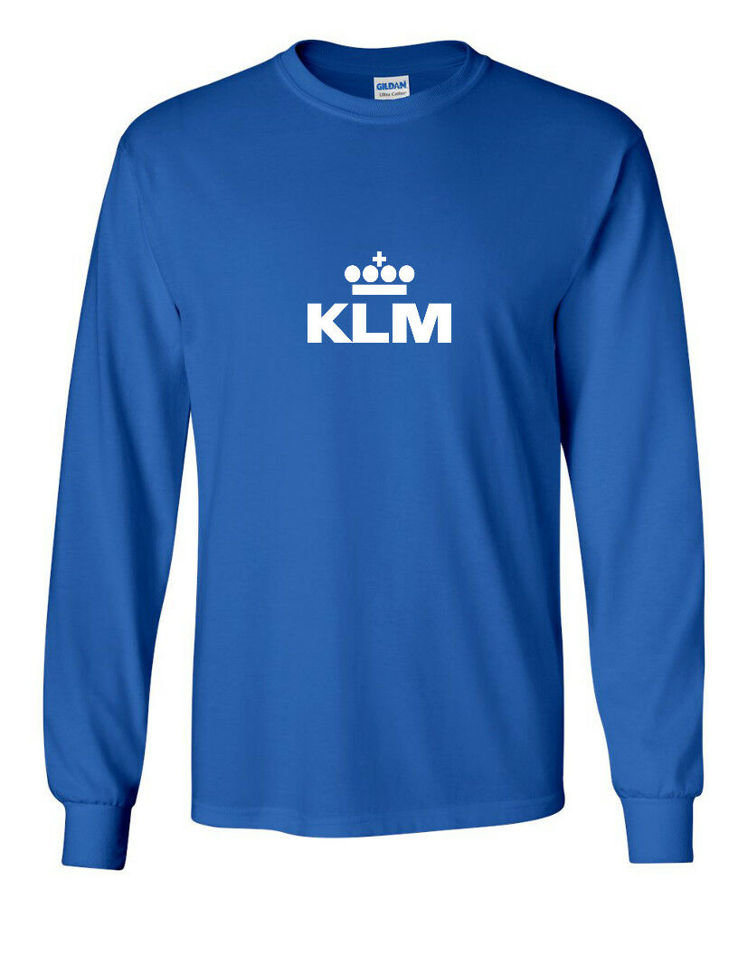 KLM White Retro Logo Shirt Dutch Royal Airline Royal Blue Long Sleeve T-shirt