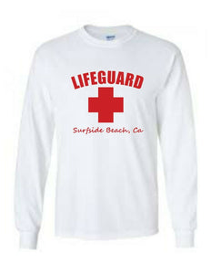 LIFEGUARD Surfside Beach California So Cal Red WHITE LONG SLEEVE T-SHIRT