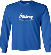 Load image into Gallery viewer, Midway Airlines White Logo US Airline Geek Royal Blue Long Sleeve T-Shirt
