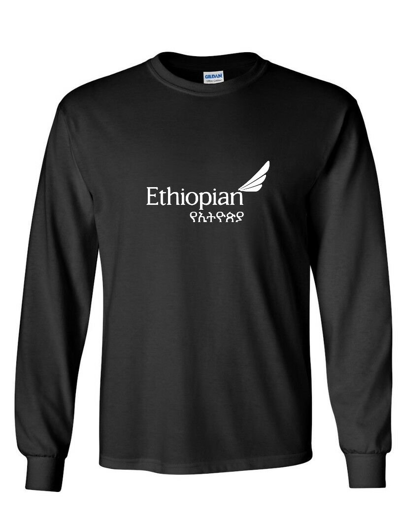 Ethiopian Airlines White Logo Black Cotton Long Sleeve T-shirt