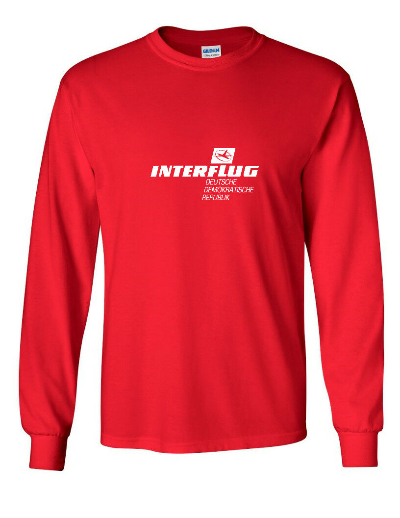 Interflug White Vintage Logo German Airline Red Long Sleeve Cotton T-Shirt