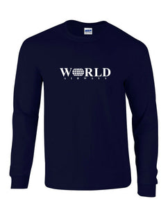 World Airways Vintage US Airline White Logo Navy Blue Long Sleeve T-Shirt